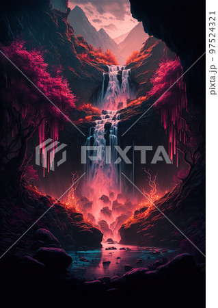 Beautiful wild nature landscape with waterfall and river from high mountains. Created with Generative AI technology. 97524321