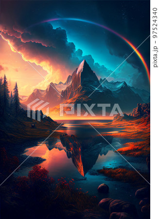 Amazing landscapes view of mountain with rainbow on sunrise. 2D Illustration (Created with Generative AI technology). 97524340