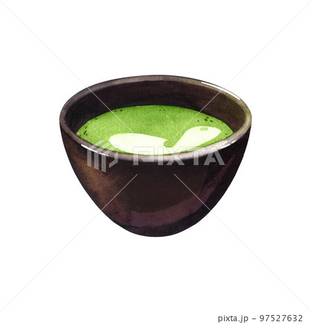 Watercolor organic green Japanese matcha latte in black cup. Hand drawn illustration, isolated on white background. Green tea fragrant drink isolated on white background in cartoon flat style. Watercolor organic green Japanese matcha latte in black cup. Hand drawn illustration, isolated on white background. Green tea fragrant drink isolated on white background in cartoon flat style. 97527632