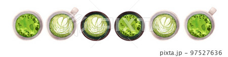 Watercolor realistic cartoon cup of hot aromatic green Japanese tea matcha latte drink set. A teacup top view isolated on white background. Hand drawn illustration for web design, menu, app, advert. Watercolor realistic cartoon cup of hot aromatic green Japanese tea matcha latte drink set. A teacup top view isolated on white background. Hand drawn illustration for web design, menu, app, advert. 97527636