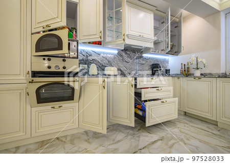 Closeup of Classic Cream-colored Kitchen Stock Photo - Image of furniture,  counter: 264296650