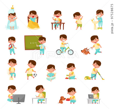 Little Boy Engaged in Daily Activities and Routine Big Vector Set 97528675