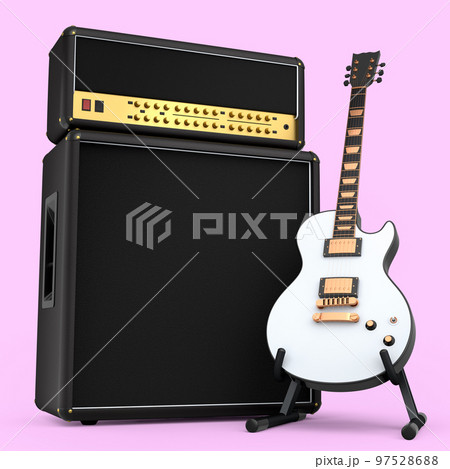 Classical amplifier with acoustic guitar on stand isolated on pink background. Classical amplifier with acoustic guitar on stand isolated on pink background. 97528688