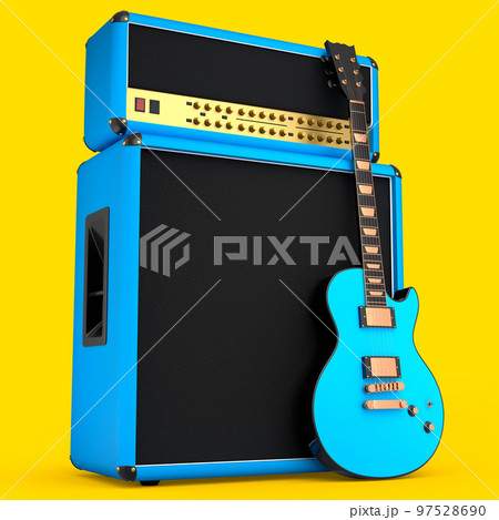 Classical amplifier with acoustic guitar isolated on yellow background. 97528690