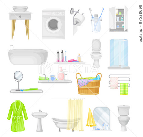 Bathroom or Washroom with Bathtub, Wash Basin and Mirror with Objects for Personal Hygiene Big Vector Set 97528699