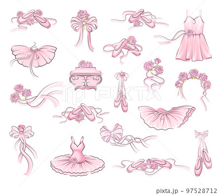 Ballet Accessories with Pink Tutu Skirt and Pair of Pointe-shoes, Bow and Satin Ribbon Big Vector Set 97528712