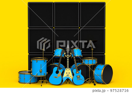 Set of realistic drums with metal cymbals, amplifier and acoustic guitars 97528716