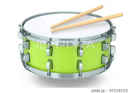 Realistic drum and wooden drum sticks on white. 3d render of musical instrument 97528723