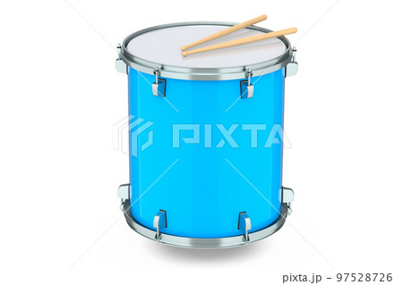 Realistic drum and wooden drum sticks on white. 3d render of musical instrument 97528726