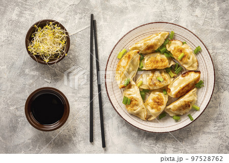 Gyoza, japanese pan-fried dumplings, on light background. Gyoza, japanese pan-fried dumplings, on light background. 97528762