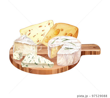 Cheeses with cutted pieces watercolor image on wood board. Creamy cutted brie or camembert cheese illustration. Delicious food image. French cuisine milk product. Tasty healthy cream organic snack Cheeses with cutted pieces watercolor image on wood board. Creamy cutted brie or camembert cheese illustration. Delicious food image. French cuisine milk product. Tasty healthy cream organic snack 97529088