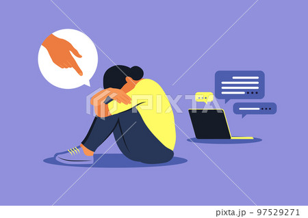 Cyber bullying concept. Depressed woman sitting on the floor. Opinion and the pressure of society. Shame. Vector flat Cyber bullying concept. Depressed woman sitting on the floor. Opinion and the pressure of society. Shame. Vector flat 97529271