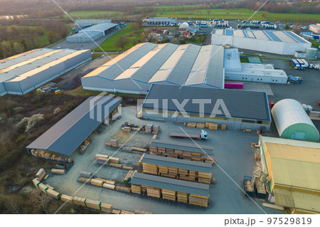 Aerial view of goods warehouses and logistics center in industrial city zone from above 97529819