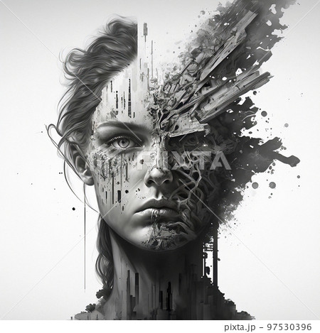 Concept Art of a Disintegrating Woman Face 97530396