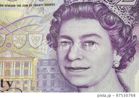 British twenty pounds banknotes closeup 97530768