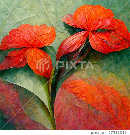 Red and pink watercolor flowers with green stems and leaves. Red and pink watercolor flowers with green stems and leaves. 97531335