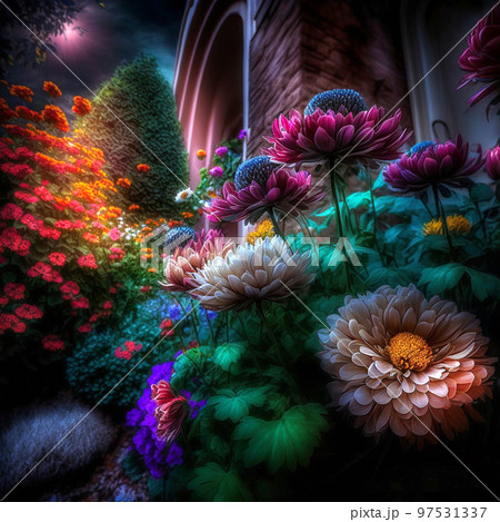 Magic garden in sunlight, beautiful flowers. Beauty in nature. Beautiful garden in realistic style. Magic garden in sunlight, beautiful flowers. Beauty in nature. Beautiful garden in realistic style. 97531337