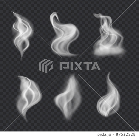 Smoke vector collection, isolated, transparent background. Set of realistic white smoke steam, waves from coffee, tea 97532529