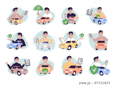 Car insurance coverage concept. Automobile protection, security, safety set. People protecting car with insurance and signing form with red auto. 97532825