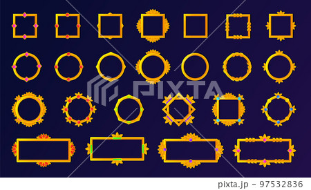 Game frame vector set, avatar UI fantasy RPG gold border, medieval ancient facecam menu, red green gem. Frames with colorful gemstones. Vector illustration 97532836