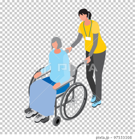 アイソメトリック_女性が乗っている車椅子を押す介護士の女性 97533108