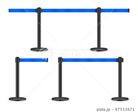Realistic blue retractable belt stanchion. Crowd control barrier posts with caution strap. Queue lines. Restriction border and danger tape. Attention, warning sign. Vector illustration 97533871