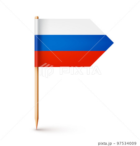 Realistic Russian toothpick flag. Souvenir from Russia. Wooden toothpick with paper flag. Location mark, map pointer. Blank mockup for advertising and promotions. Vector illustration Realistic Russian toothpick flag. Souvenir from Russia. Wooden toothpick with paper flag. Location mark, map pointer. Blank mockup for advertising and promotions. Vector illustration 97534009