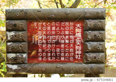 秋田県鹿角市湯瀬渓谷の紅葉と天狗橋 97534661