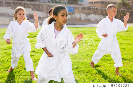 Positive children practicing karate in park 97535222