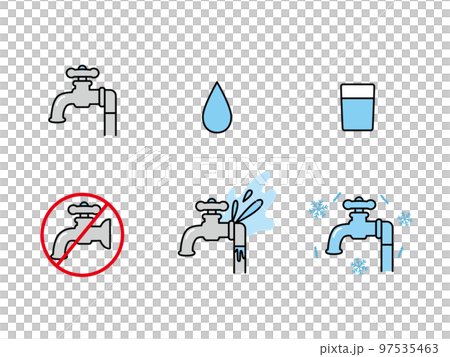 Water supply related icon set Faucet Water outage Freezing 97535463