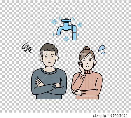 水道の凍結に困る家庭、夫婦のイラスト 水道の凍結に困る家庭、夫婦のイラスト 97535471