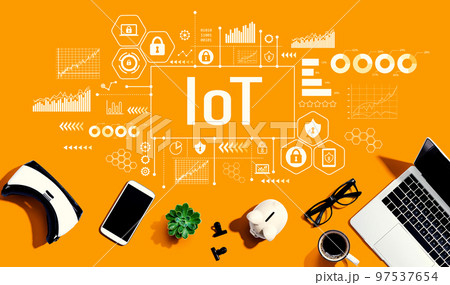 IoT theme with electronic gadgets and office supplies 97537654