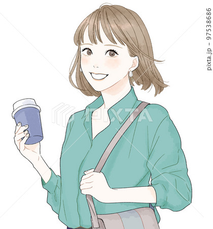 カメラ目線で歩く女性のイラスト カメラ目線で歩く女性のイラスト 97538686