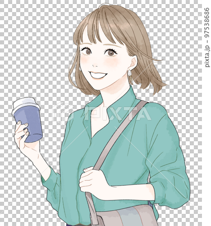 Illustration of a woman walking looking at the camera 97538686
