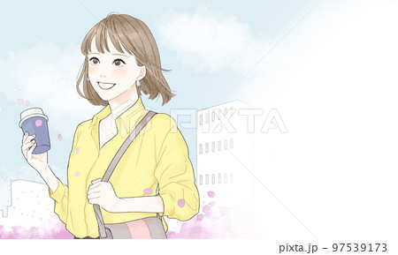 目線を上げて笑顔で歩く女性のイラスト 97539173