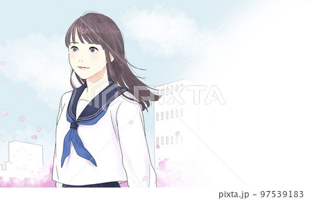 目線を上げてほほ笑む女子学生のイラスト 97539183
