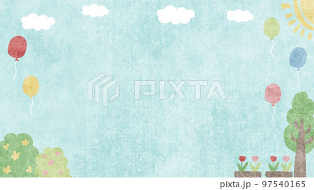 絵本風 風船が飛んでいる公園の風景 イラスト背景素材 絵本風 風船が飛んでいる公園の風景 イラスト背景素材 97540165