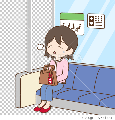 一位女士坐在優先座位上，有一個可愛的觸摸幫助標記 97541723