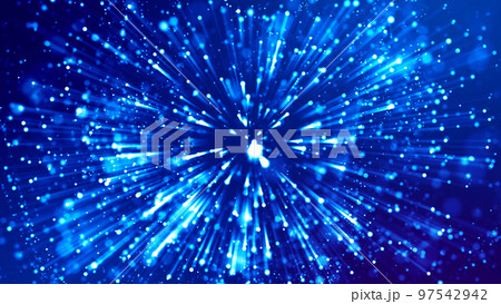 Blue light rays like laser show for bright festive presentation. 3d rendering of abstract blue background with glowing particles like micro world science fiction with depth of field and bokeh. Blue light rays like laser show for bright festive presentation. 3d rendering of abstract blue background with glowing particles like micro world science fiction with depth of field and bokeh. 97542942
