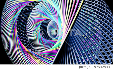 3d render. Abstract dark background with curved lines like tubes twisted in helix and multicolor neon light on tubes. Round composition. Abstract spiral 97542944