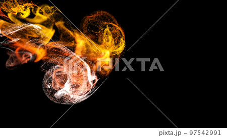 injection of fiery fluorescent ink in water isolated on black background. 3d render of glow particles as fantastic background of shiny ink effect advection with depth of field. injection of fiery fluorescent ink in water isolated on black background. 3d render of glow particles as fantastic background of shiny ink effect advection with depth of field. 97542991