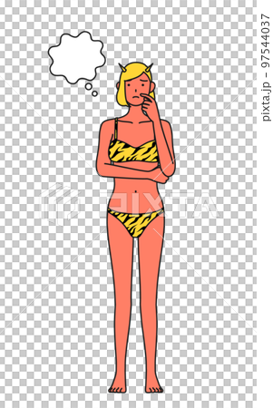 穿著虎紋比基尼的紅色惡魔女人一邊撓著臉一邊思考，傳統活動節分 97544037