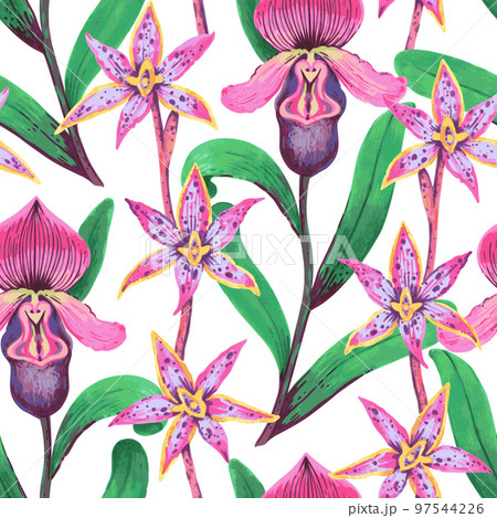 Vector seamless pattern with colorful psychedelic orchid flowers. Hand drawn detailed print for textile and wallpaper. Vector seamless pattern with colorful psychedelic orchid flowers. Hand drawn detailed print for textile and wallpaper. 97544226