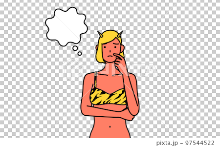 顔をかきながら考えるトラ柄ビキニ姿の赤鬼の女性、伝統行事、節分 顔をかきながら考えるトラ柄ビキニ姿の赤鬼の女性、伝統行事、節分 97544522