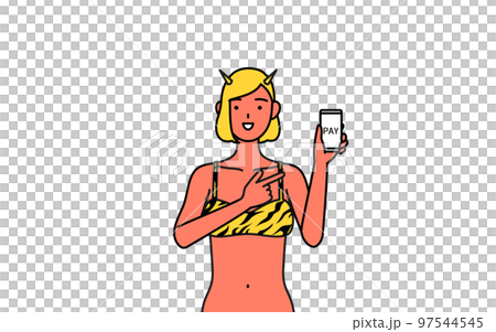 身穿虎紋比基尼的紅色惡魔女性推薦無現金和智能手機在線支付，一項傳統活動，Setsubun 97544545