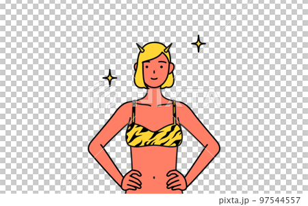 両手を腰に当てたトラ柄ビキニ姿の赤鬼の女性、伝統行事、節分の