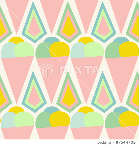 Hand drawn seamless pattern of pink pastel ice cream cone in mid century style. 60s 70s retro vintage sweet food summer fabric print, cute colorful design with funny dessert drawing. 97544705