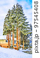Watercolor stylization of image. Trees in the snow in front of family house 97545408
