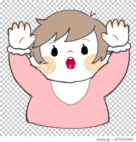 Baby (girl) with open mouth raising both hands 97545569