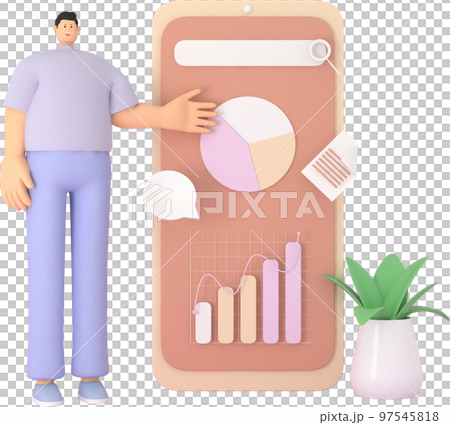 A male character presentation  the infographic on mobile screen. 3d rendering of business models 97545818